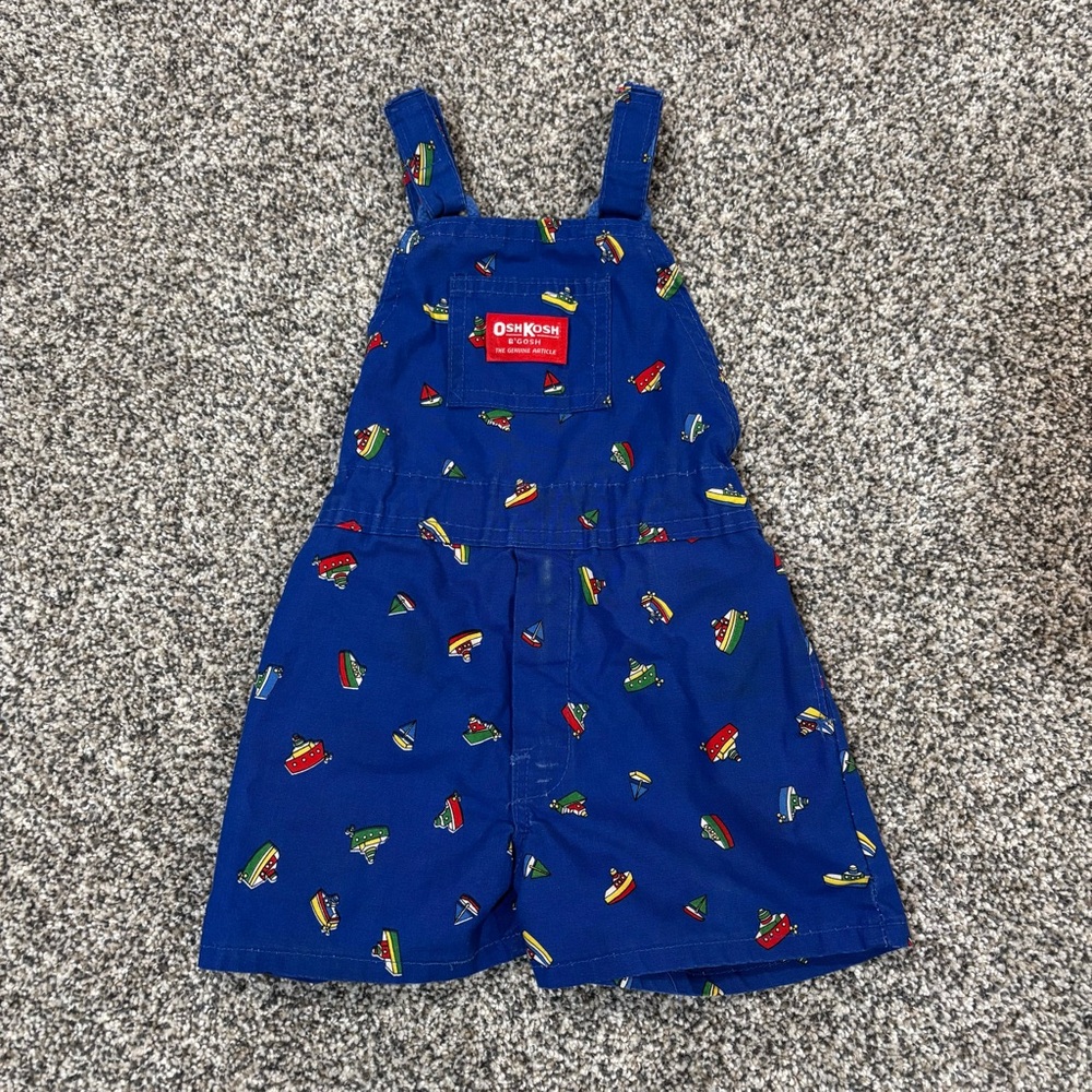Vtg OshKosh B’gosh Blue Boats Cotton Shortalls Overalls 4 Toddler ~ 4T ~ USA